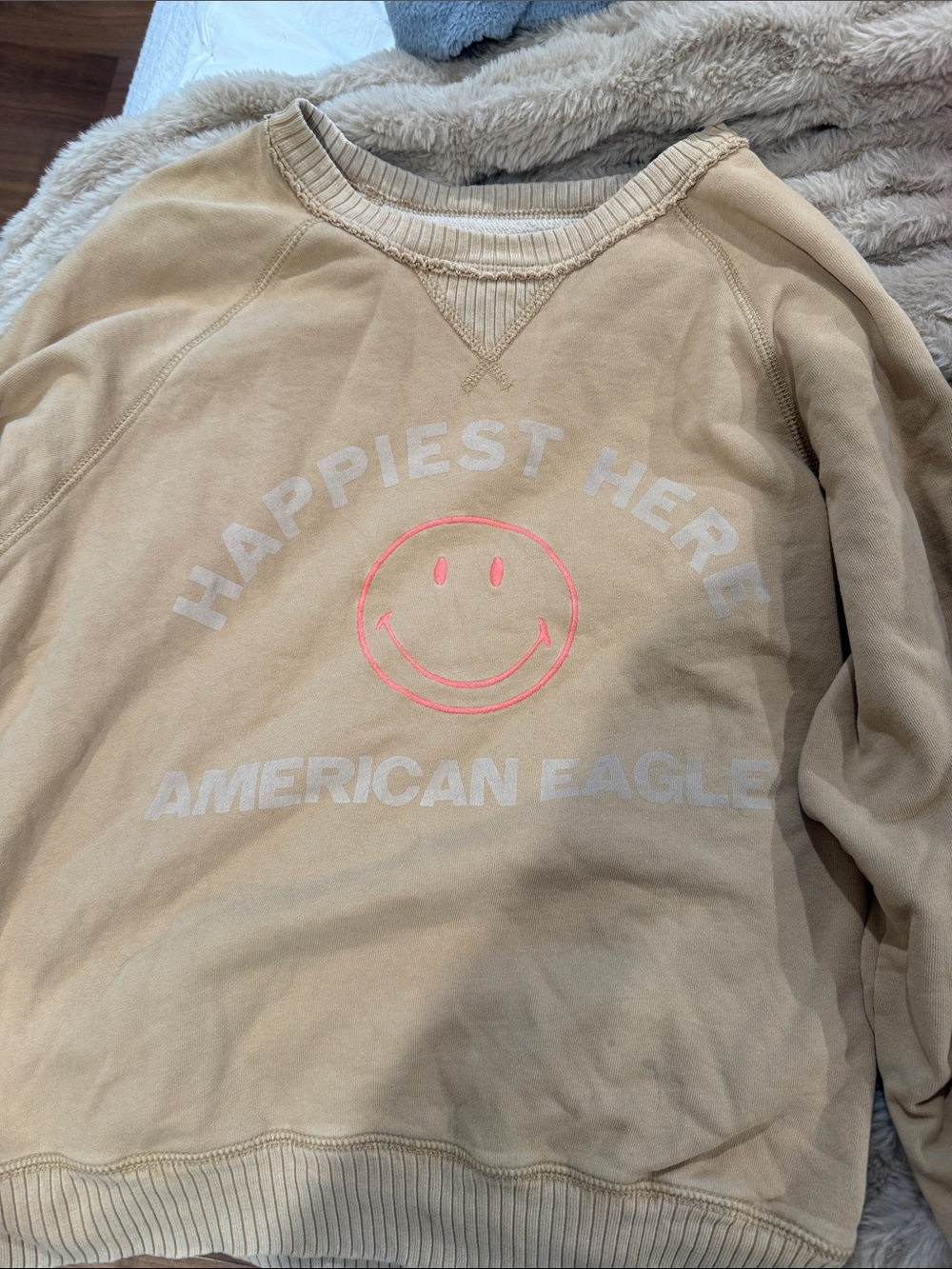 American Eagle Outfitters Men’s Tan Crewneck Sweatshirt with Neon Pink Smiley